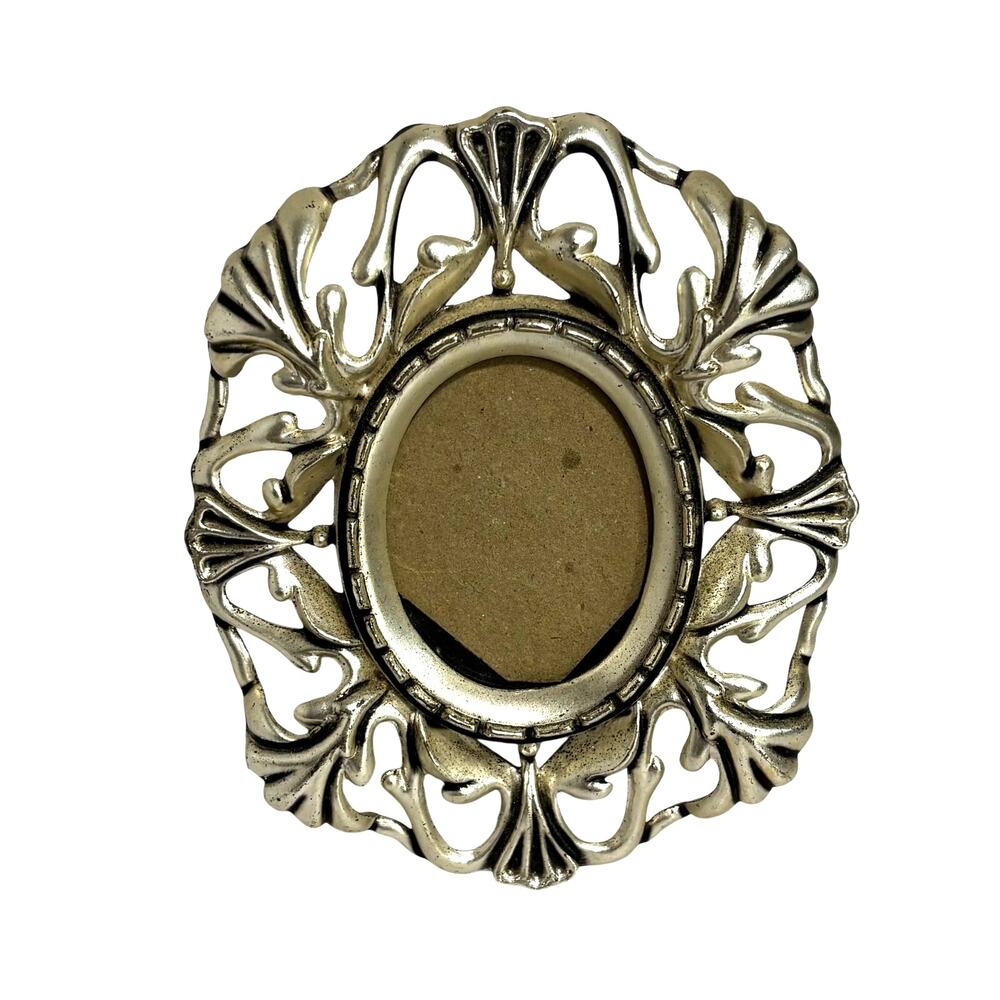 Silvertone metal pewter look miniature frame standing ornate oval 2" x 2.25"